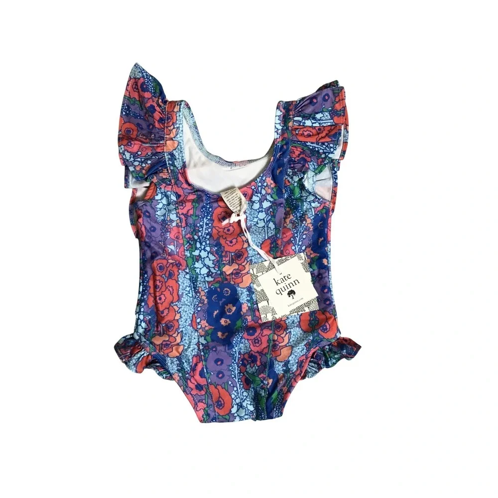 Kate Quinn Baby Vivid Hollyhocks Snap Side Ruffle Tank Swimsuit 12-18M NWT